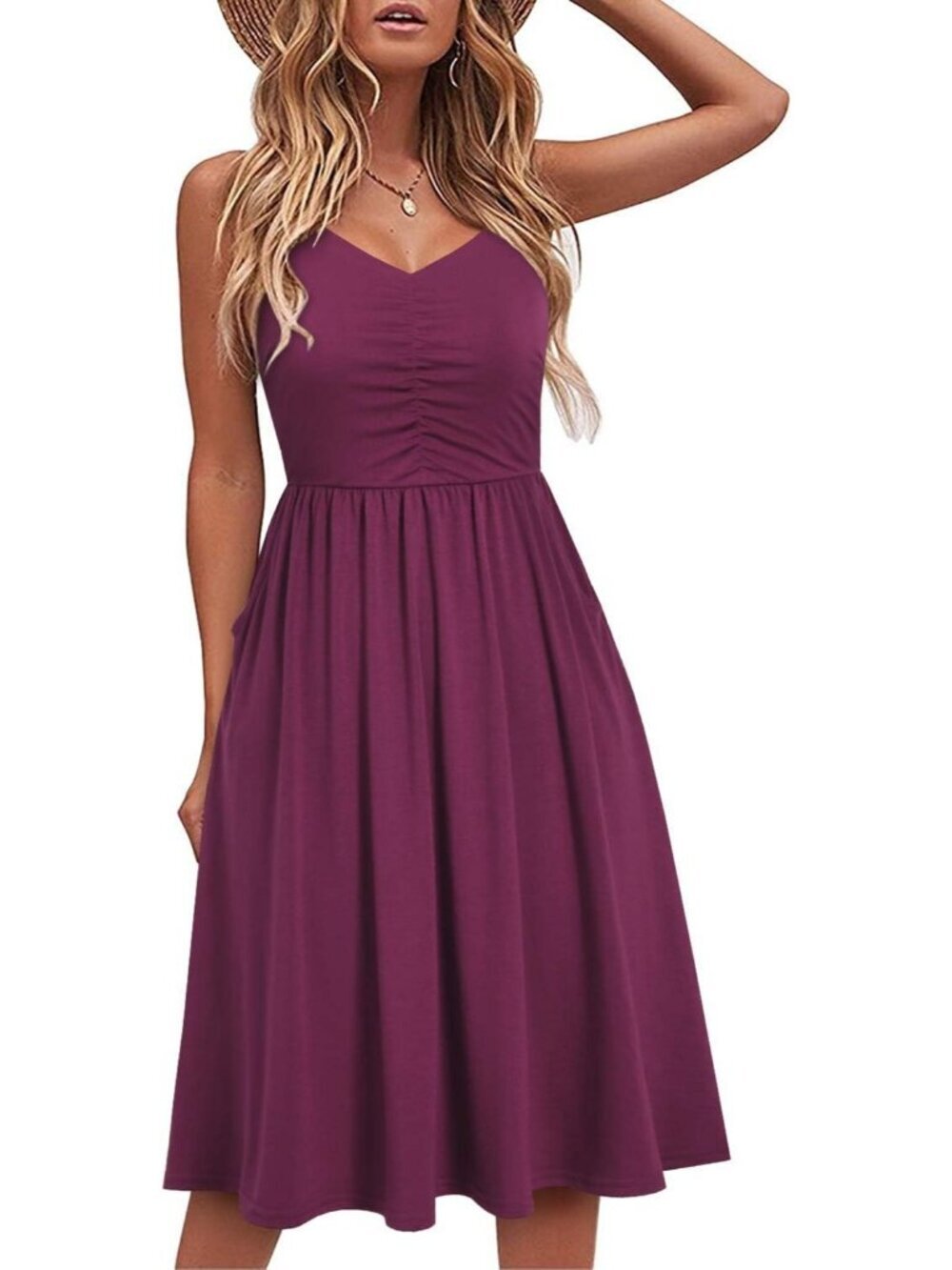 Women's Purple 1 Sleeveless V Neck A LINE Spaghetti Pockets MIDI Dress